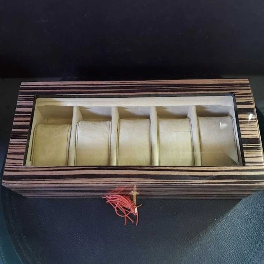 Zebrawood 5 Slot Watch Display Case Glass Top with Tassel Key Lock Organizer